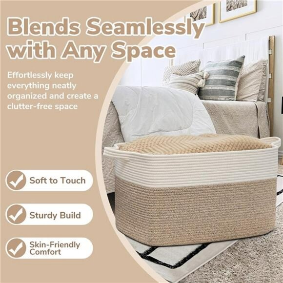 Large Woven Storage Basket Cotton Rope Blanket Toy Organizer Bin for Bedroom - Picture 5 of 8